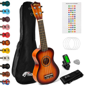 Tiger Soprano Ukulele Beginners Pack- Tuner, Strap, Bag, Pick, Strings- Sunburst