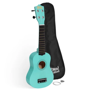 Mad About Light Blue Soprano Beginners Ukulele Starter Pack featuring a glossy light blue finish, protective gig bag, spare carbon strings and plectrum. Complete beginner ukulele set for children, students and first-time players.