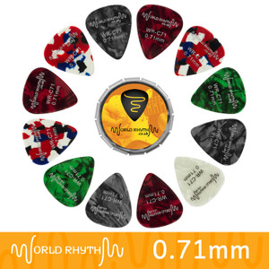 0.71mm Celluloid Guitar Picks & Tin by World Rhythm - 12 Guitar Plectrums