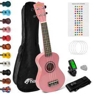 Tiger Soprano Ukulele Beginners Pack - Tuner, Strap, Bag, Pick, Strings - Pink