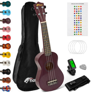 Tiger Soprano Ukulele Beginners Pack - Tuner, Strap, Bag, Pick, Strings - Purple