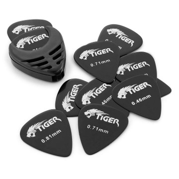 TIGER GAC56-BK Pack of 12 Guitar Picks & Pick Holder - Variety of Gauges