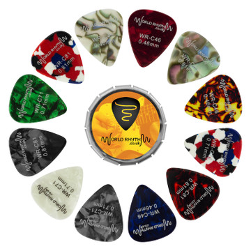 Celluloid Guitar Pick Tin & Plectrums by World Rhythm - 12 Mix Gauge .46 .71 .81