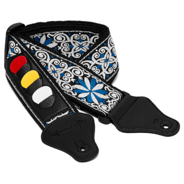 World Rhythm Guitar Strap Floral Blue Embroidered Strap with Pick Holder & Picks