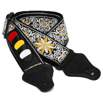 World Rhythm Guitar Strap Floral Yellow Embroidered Strap Inc Pick Holder, Picks
