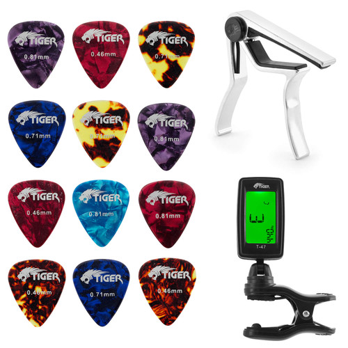 Tiger Guitar Capo, Tuner and Guitar Plectrums Bundle
