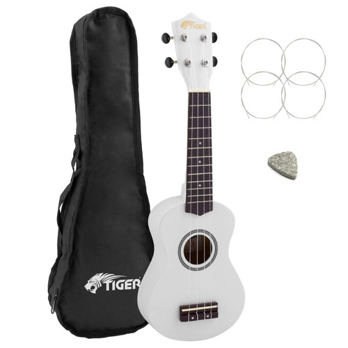 Tiger Beginners Left Handed Soprano Ukulele in White with Bag