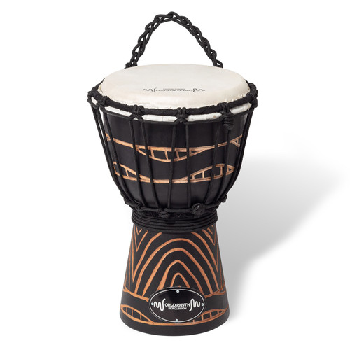 30cm hand‑carved mahogany djembe drum with 7-inch goatskin head and rope tuning in swirl black finish.