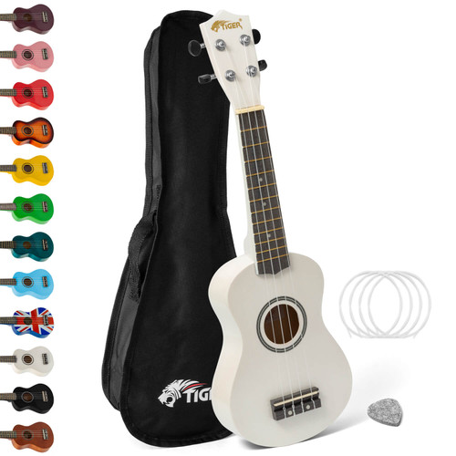 Tiger Soprano Beginners Ukulele with Gig Bag, Felt Pick & Aquila Strings - White