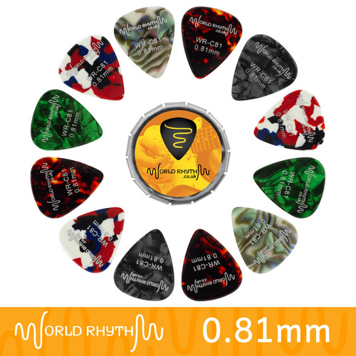 0.81mm Celluloid Guitar Picks & Tin by World Rhythm - 12 Guitar Plectrums