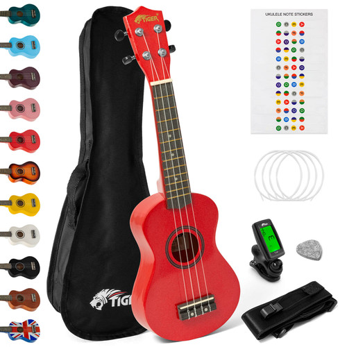 Tiger Soprano Ukulele Beginners Pack - Tuner, Strap, Bag, Pick, Strings - Red