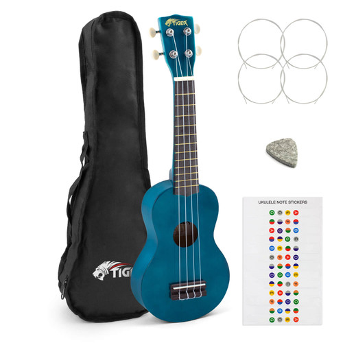 Tiger Soprano Ukulele in Teal with Uke Stickers, Felt Pick, Aquila Strings & Bag