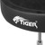 Close-up of Tiger branded drum throne seat with soft black plush cushion, stitched edging and durable upholstery finish