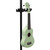 Mint green ukulele hanging from a clamp-on instrument hanger mounted on a vertical stand pole.