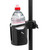 Black clamp‑on drink holder mounted on a stand holding a large water bottle.