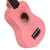 Close-up of the Mad About Pink soprano ukulele body with glossy finish, soundhole and bridge detail. Lightweight beginner ukulele fitted with carbon strings and designed for easy playability.