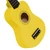 Close-up of the Mad About yellow soprano ukulele body with glossy finish, soundhole and bridge detail. Lightweight beginner ukulele with carbon strings and a vibrant yellow finish.