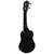 Rear view of the Mad About black soprano ukulele showcasing the rear body, lightweight construction, comfortable neck profile and geared tuning machines.