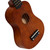Close-up of the Mad About dark wood soprano ukulele body with wood-grain appearance, glossy finish, soundhole and bridge detail. Lightweight beginner ukulele fitted with carbon strings for easy playability.