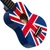 Close-up of Mad About Union Jack soprano ukulele body with glossy finish, soundhole and bridge detail. Colourful British flag design beginner ukulele with compact lightweight construction and carbon strings.
