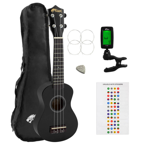 Beginners Soprano Ukulele in Black & Clip-On Tuner Kit