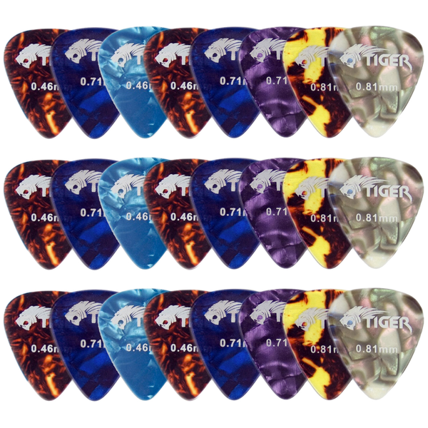 Tiger Celluloid Guitar Picks - Pack of 24 Guitar Plectrums Light-Heavy (0.46 - 0.81mm)