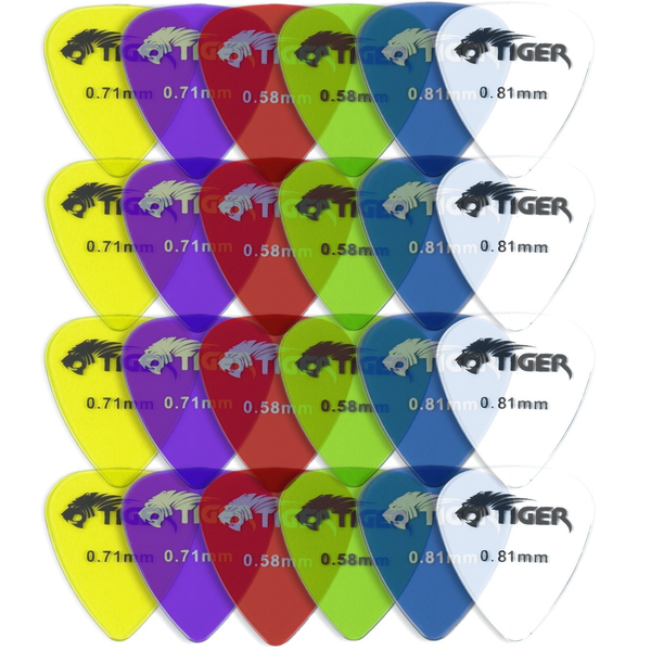 Tiger Gel Guitar Picks - Pack of 24 Guitar Plectrums Light-Heavy (0.58 - 0.81mm)