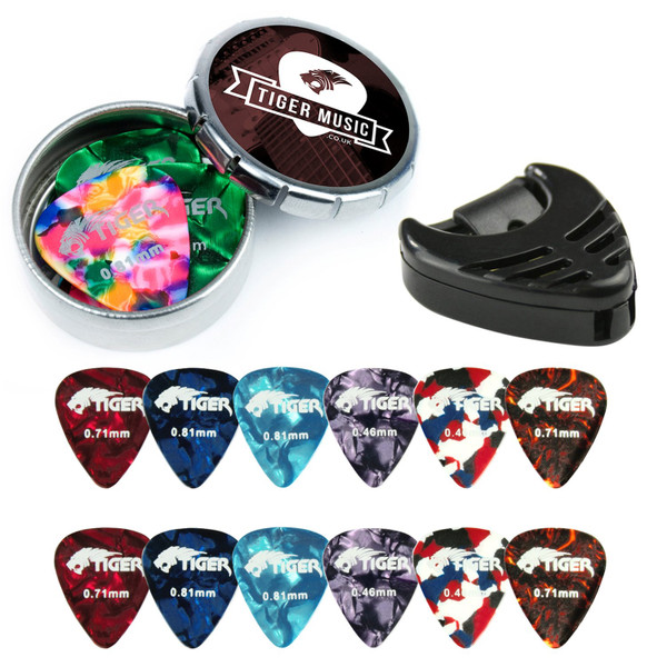 Tiger Guitar Picks, Plectrum Holder & Tin Pack - 24 Picks
