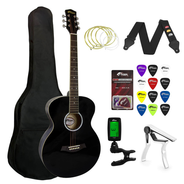 Tiger Beginners Acoustic Guitar Package - Black With 6 Months FREE Lessons
