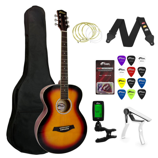 Tiger Beginners Acoustic Guitar Package - Sunburst With 6 Months FREE Lessons