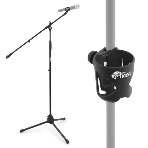 Tiger Professional Black Boom Microphone Stand and Cup Holder with Mic Clip