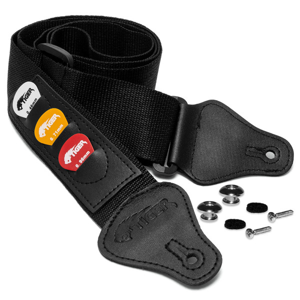Tiger Guitar Strap with Pick Holders, Picks & Strap Button - Black