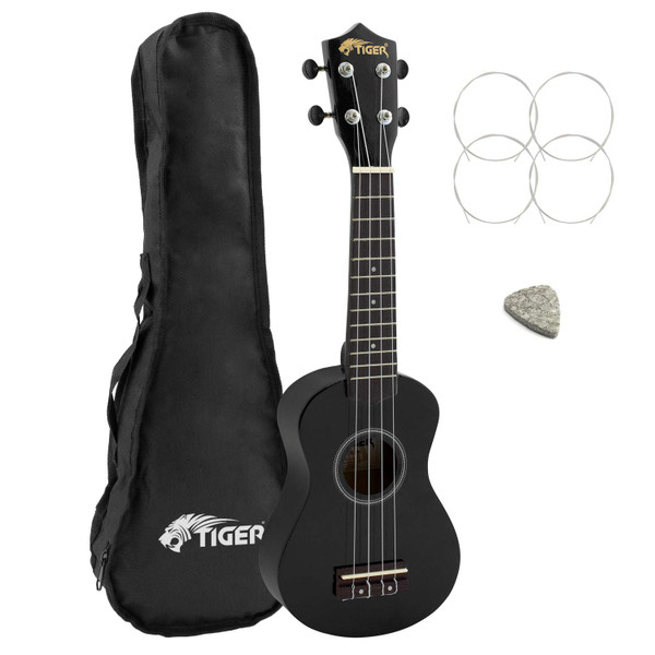 Tiger Beginners Left Handed Soprano Ukulele in Black with Bag
