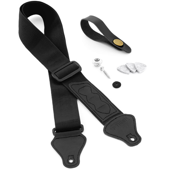 Tiger Ukulele Strap Pack Uke Strap, Neck Tie, Strap Button, Felt Picks - Black