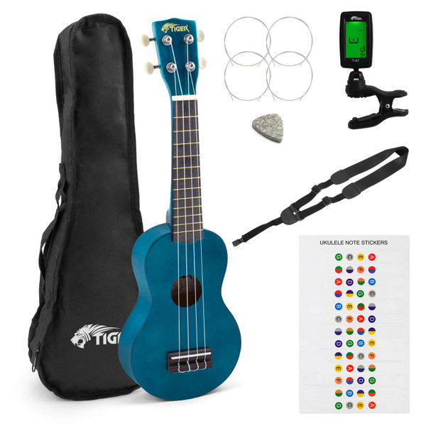 Tiger Soprano Ukulele Learner's Pack - Bag, Strap, Fret Stickers, Pick & Tuner