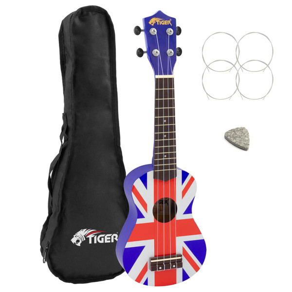 Tiger Beginners Left Handed Soprano Ukulele in Union Jack Design with Bag