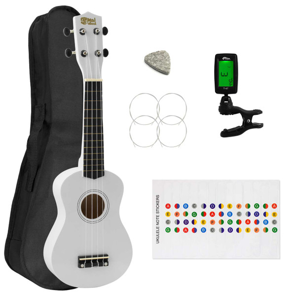 Soprano Ukulele for Beginners in White with Uke Bag & Tuner