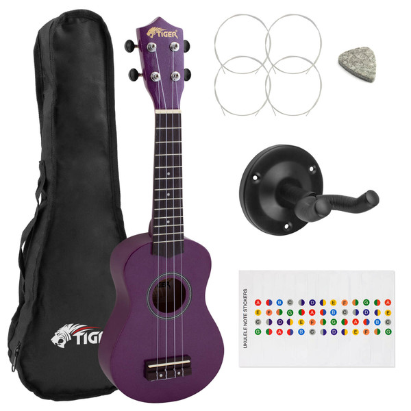 Tiger Purple Soprano Ukulele for Beginners with Ukulele Wall Mount
