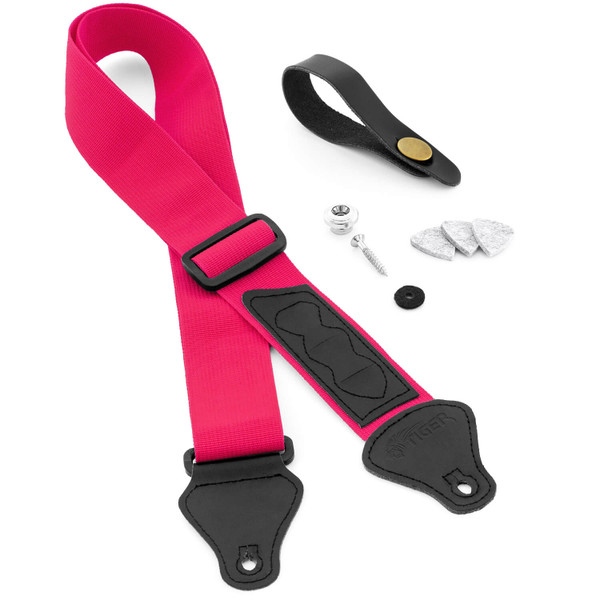 Tiger Ukulele Strap Pack Uke Strap, Neck Tie, Strap Button, Felt Picks - Pink