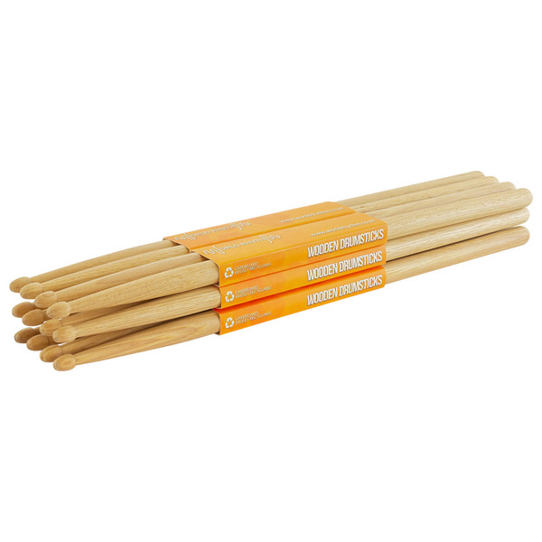 Hickory 5A Drumsticks by World Rhythm - Wood Tip 5A Drum Stick Brick - 6 Pairs