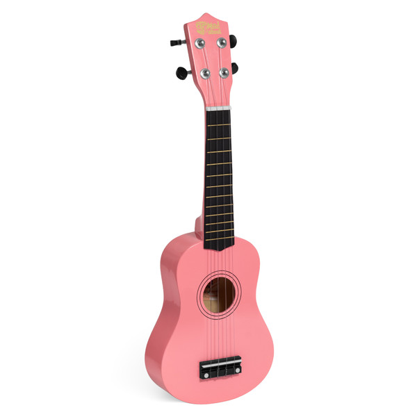 Mad About Pink soprano ukulele featuring a compact 21-inch design, carbon strings and geared tuning pegs. Lightweight beginner ukulele ideal for children, students and first-time players.