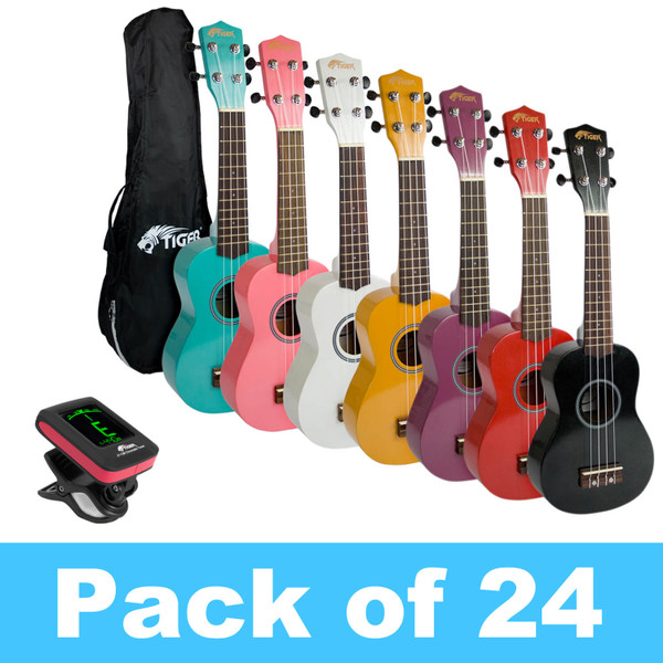 Tiger Pack of 24 Soprano Ukuleles With 4 Tuners