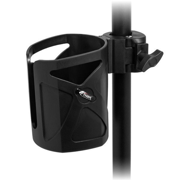 Black clamp‑on drink holder mounted on a vertical stand, empty.