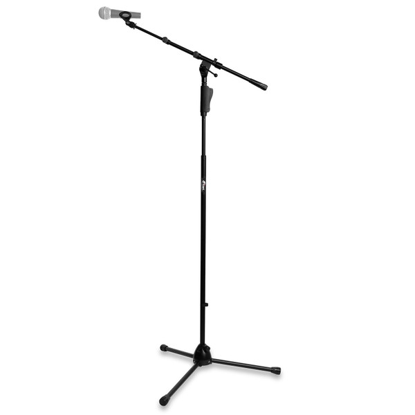 Professional mic boom stand with adjustable tripod base and EZ clutch, shown fully extended with microphone attached.