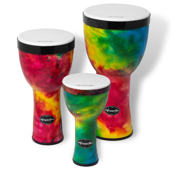 Set of three World Rhythm nesting djembe drums in vibrant rainbow tie‑dye designs, shown in small, medium, and large sizes.