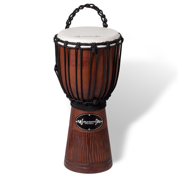 World Rhythm 40cm hand‑carved mahogany djembe drum with 20cm (8‑inch) synthetic head and black rope tuning