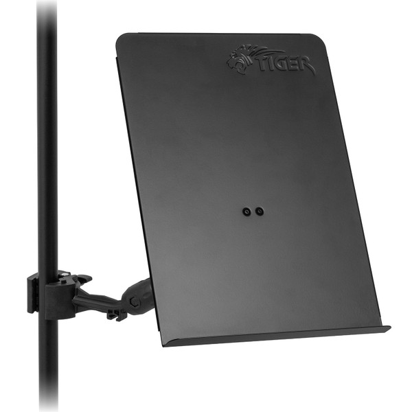 Tiger clamp‑on music bookplate with detachable mounting arm attached to a music stand, black finish.