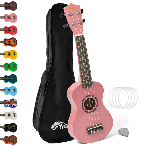Tiger Soprano Beginners Ukulele with Gig Bag, Felt Pick & Aquila Strings - Pink