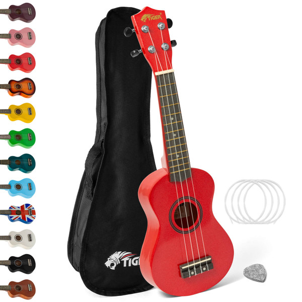 Tiger Soprano Beginners Ukulele with Gig Bag, Felt Pick & Aquila Strings - Red