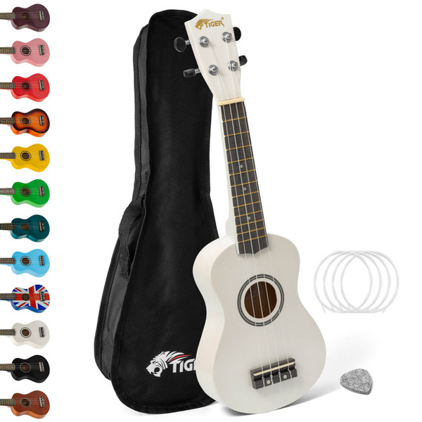 Tiger Soprano Beginners Ukulele with Gig Bag, Felt Pick & Aquila Strings - White